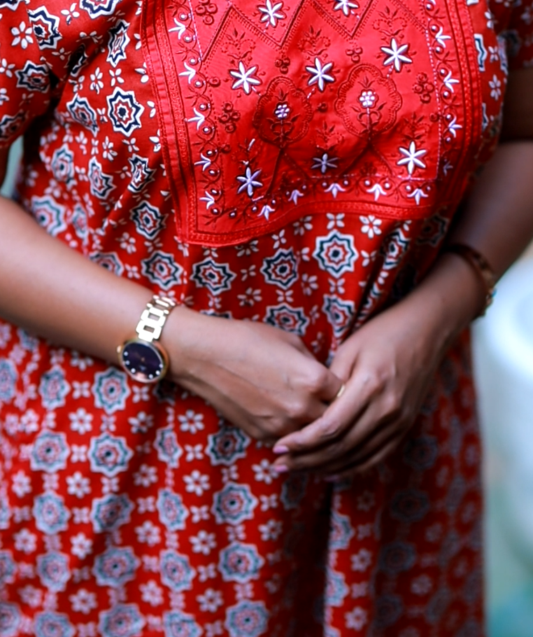 FANCY- Embroidery Neck-Red with Black Jaipur print Nighty