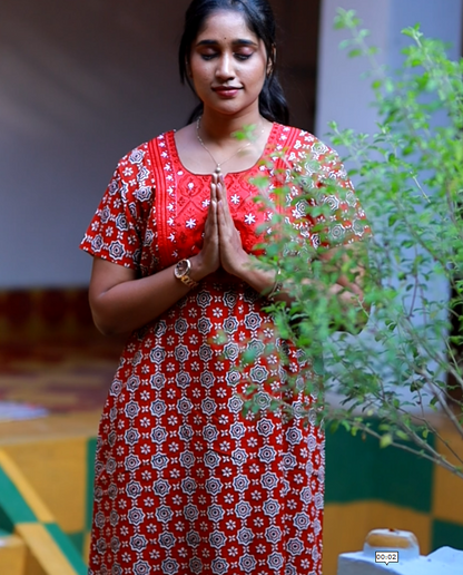 FANCY- Embroidery Neck-Red with Black Jaipur print Nighty