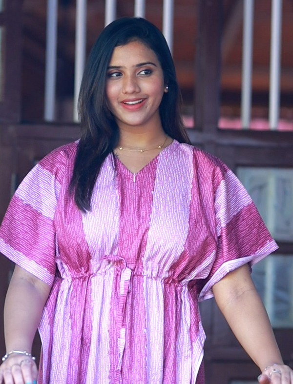 Pretty stripes print casual cotton kaftan with center zip