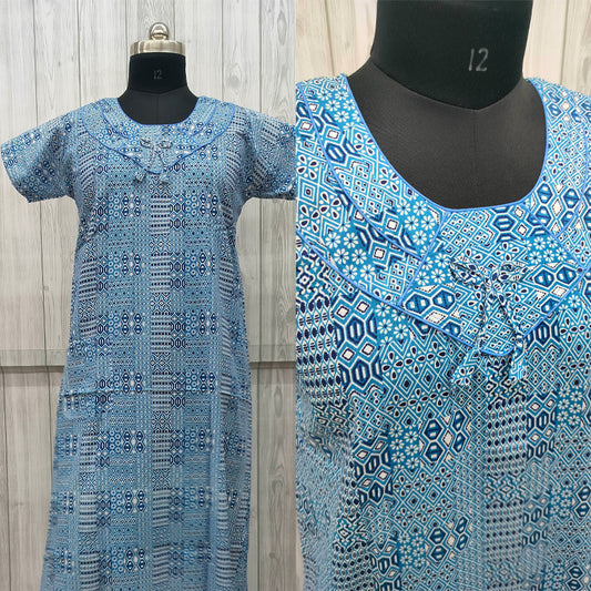 SUPER - Light Blue Checked Box Print Piping Without Zip Nighty