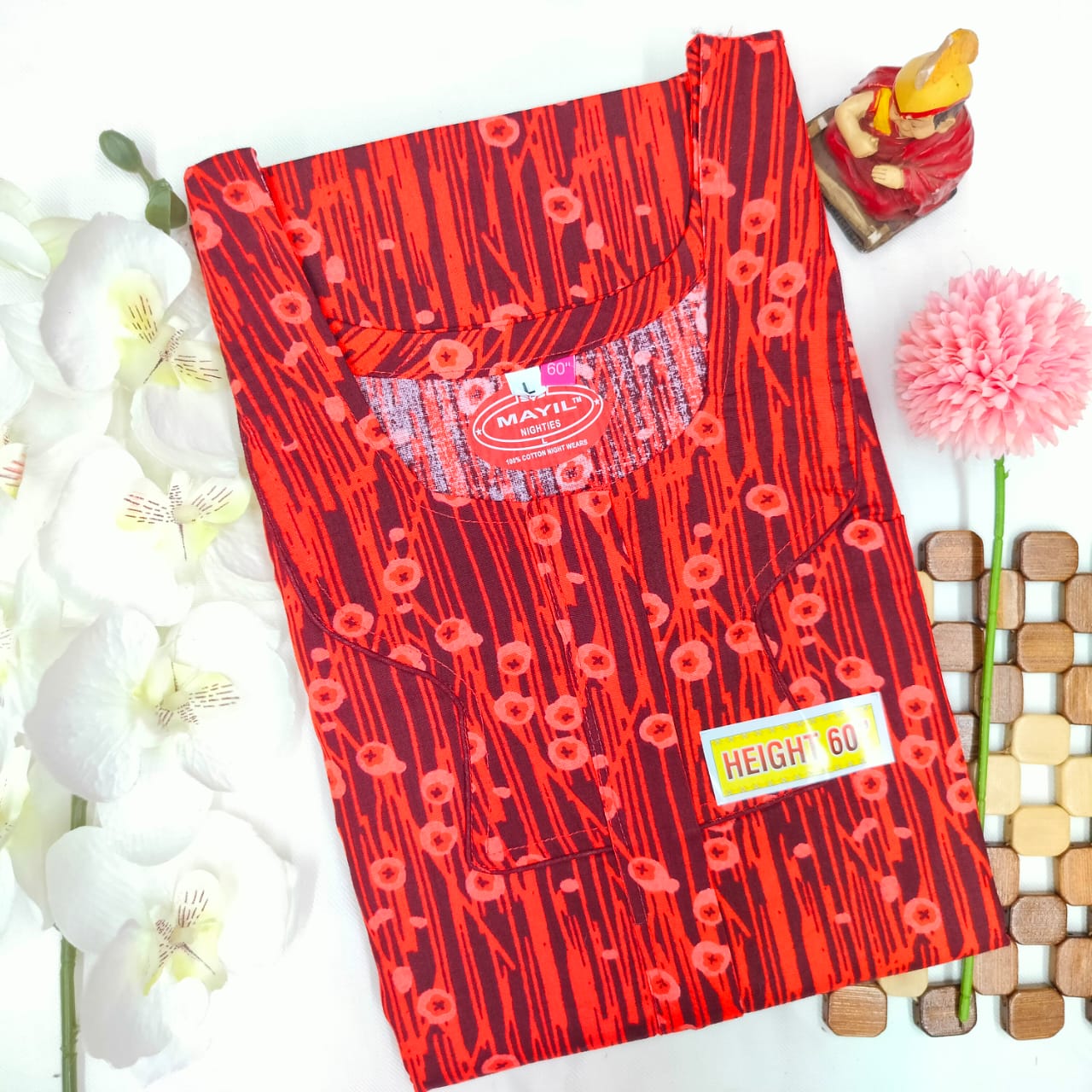 SUPER -  Red With Pink Design Height 60" Zip Nighty