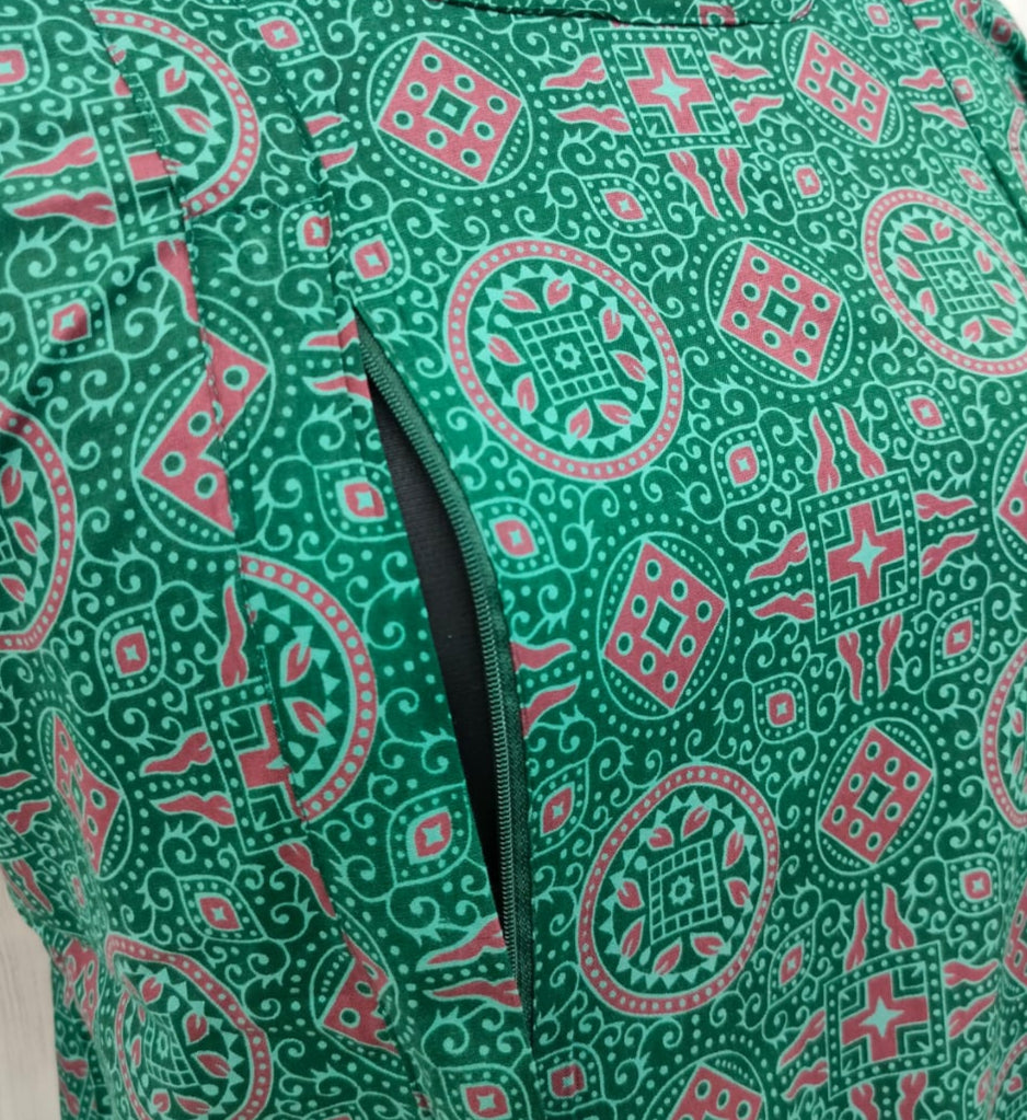 Fancy - Green with red Jaipuri print Vertical Side Zip Feeding Nighty